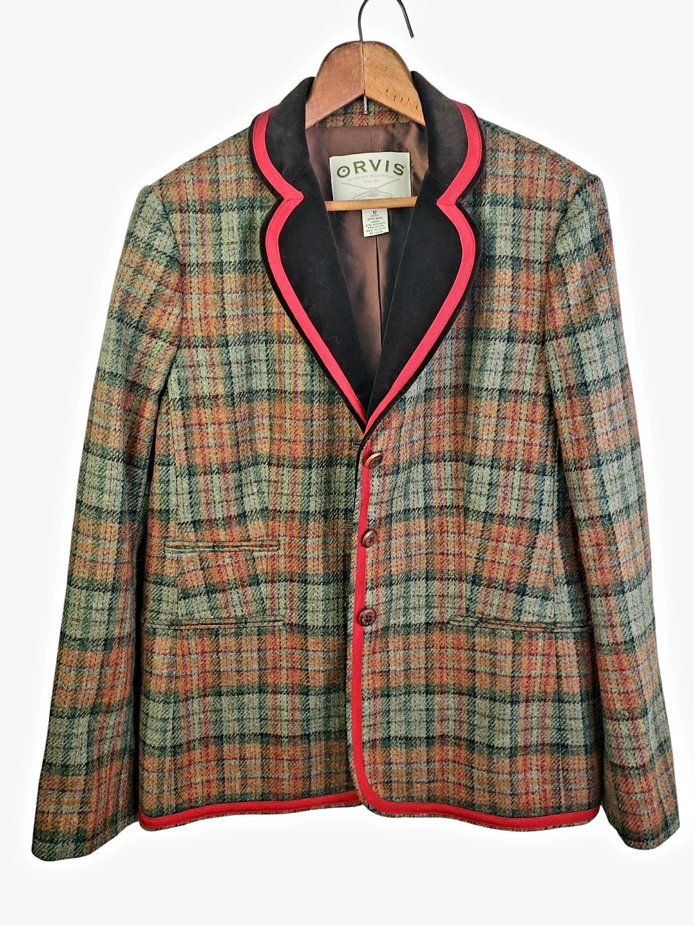 LIKE NEW  Orvis Wool Plaid Blazer with  Velvet Trim - Size 12.